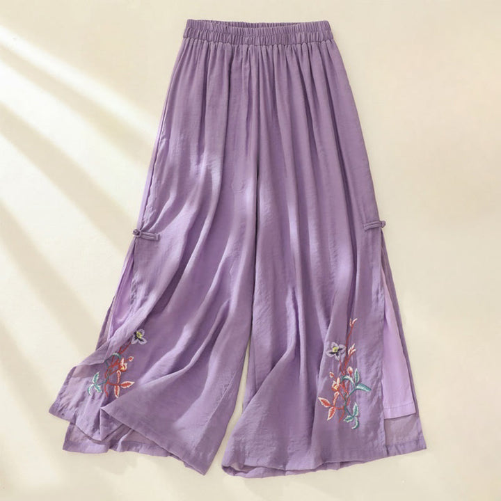 Pantalon large pour femme avec broderie artistique de Buddha Stones, fleurs, double couche, boutons grenouille chinois et fente - Orchidée moyenne - US8-10，UK/AU12-14，EU40-42 (2XL) - image 10