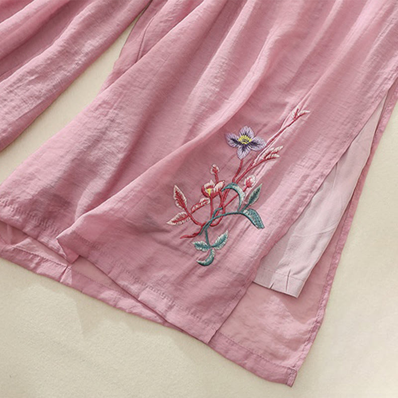 Pantalon large pour femme avec broderie artistique de Buddha Stones, fleurs, double couche, boutons grenouille chinois et fente - image 2