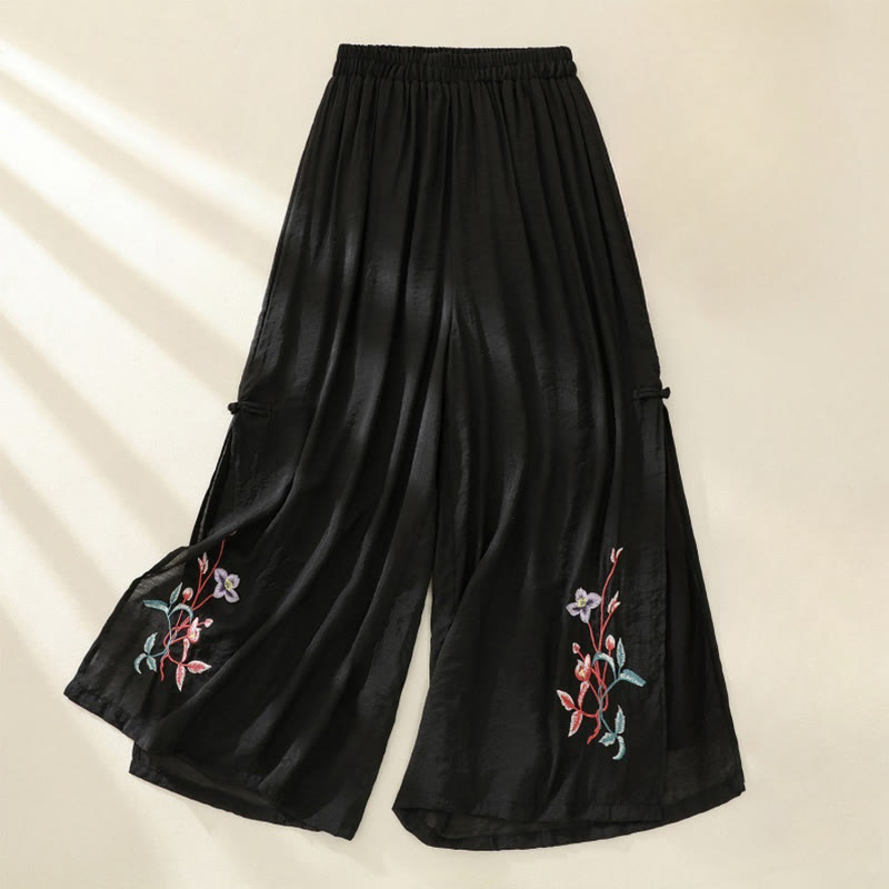 Pantalon large pour femme avec broderie artistique de Buddha Stones, fleurs, double couche, boutons grenouille chinois et fente - Noir - US8-10，UK/AU12-14，EU40-42 (2XL) - image 14