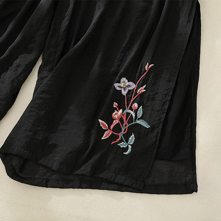 Pantalon large pour femme avec broderie artistique de Buddha Stones, fleurs, double couche, boutons grenouille chinois et fente - image 16
