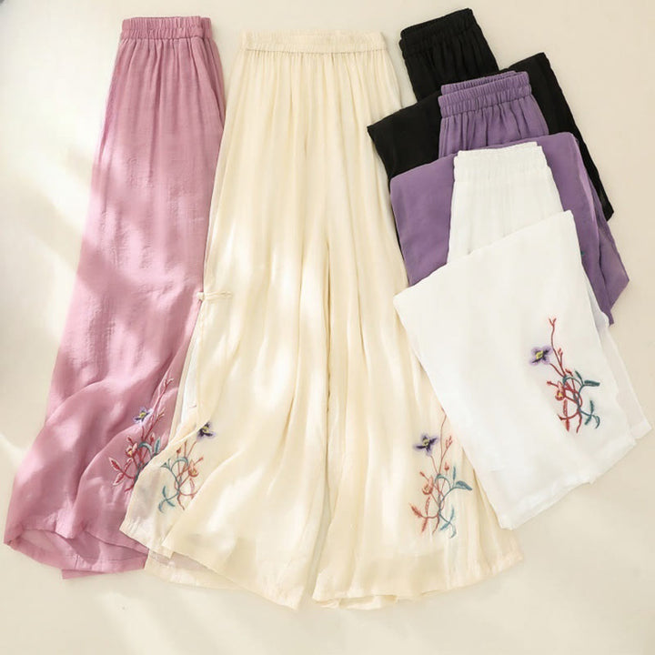 Pantalon large pour femme avec broderie artistique de Buddha Stones, fleurs, double couche, boutons grenouille chinois et fente - image 18