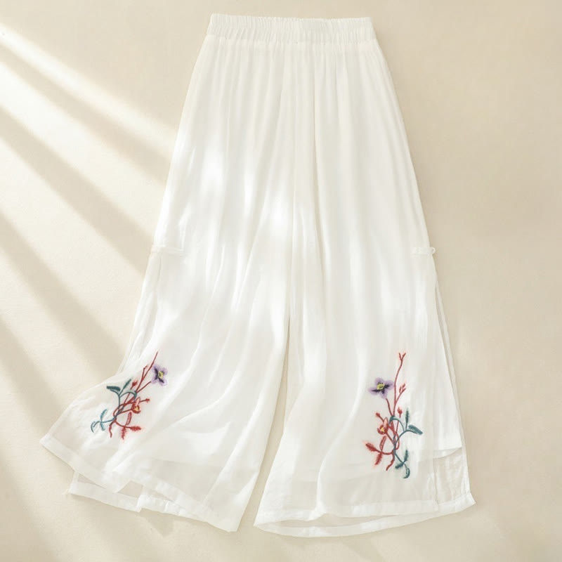 Pantalon large pour femme avec broderie artistique de Buddha Stones, fleurs, double couche, boutons grenouille chinois et fente - Blanc - US8-10，UK/AU12-14，EU40-42 (2XL) - image 3