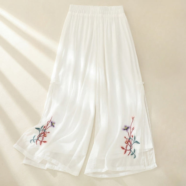 Pantalon large pour femme avec broderie artistique de Buddha Stones, fleurs, double couche, boutons grenouille chinois et fente - Blanc - US8-10，UK/AU12-14，EU40-42 (2XL) - image 3