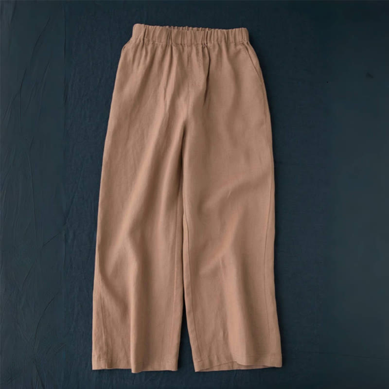 Pantalon large en coton et lin uni avec poches pour femme Buddha Stones
