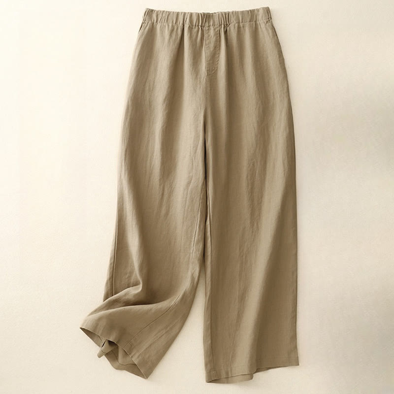 Pantalon large en coton et lin uni avec poches pour femme Buddha Stones