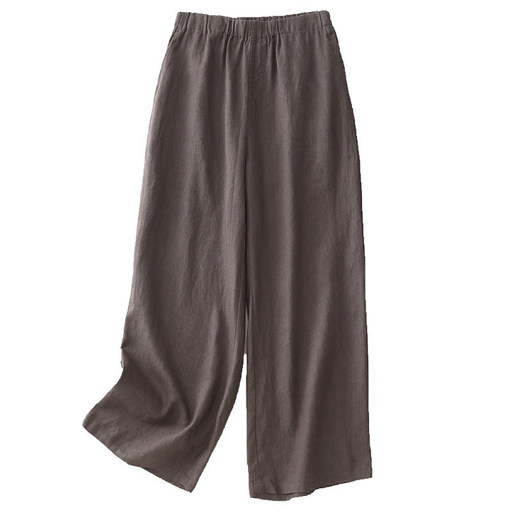 Pantalon large en coton et lin uni avec poches pour femme Buddha Stones