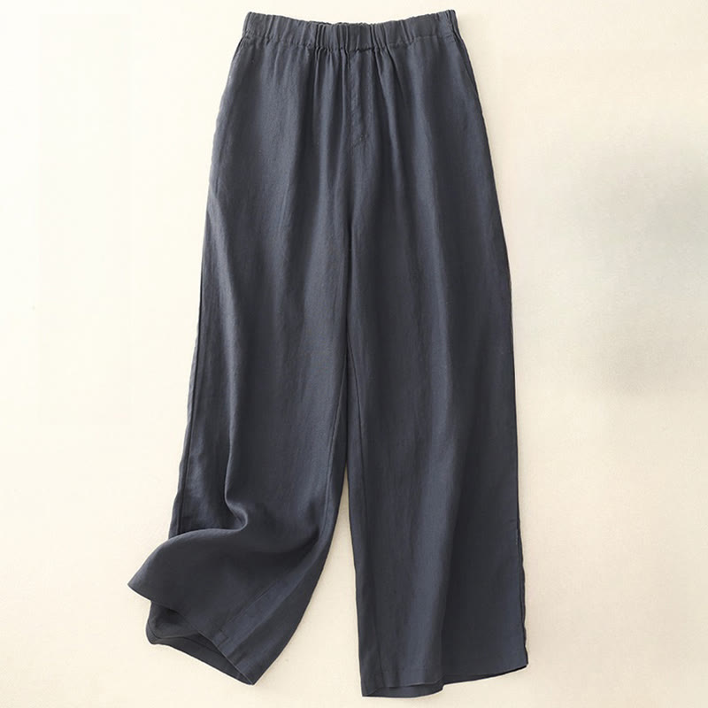 Pantalon large en coton et lin uni avec poches pour femme Buddha Stones
