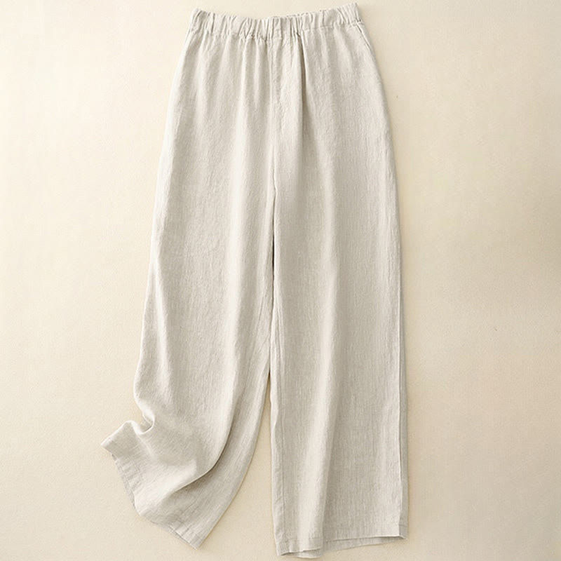 Pantalon large en coton et lin uni avec poches pour femme Buddha Stones