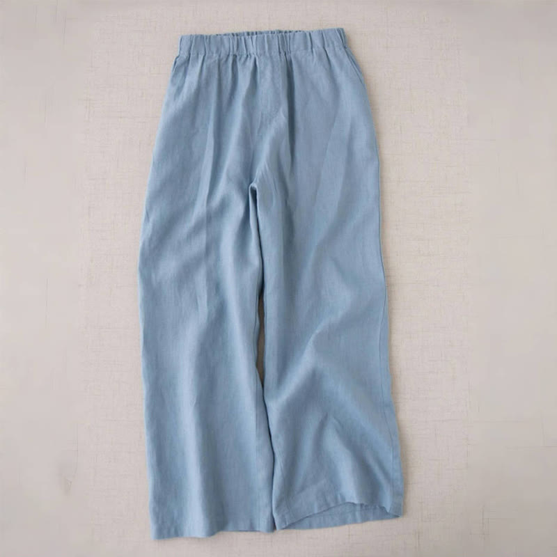 Pantalon large en coton et lin uni avec poches pour femme Buddha Stones