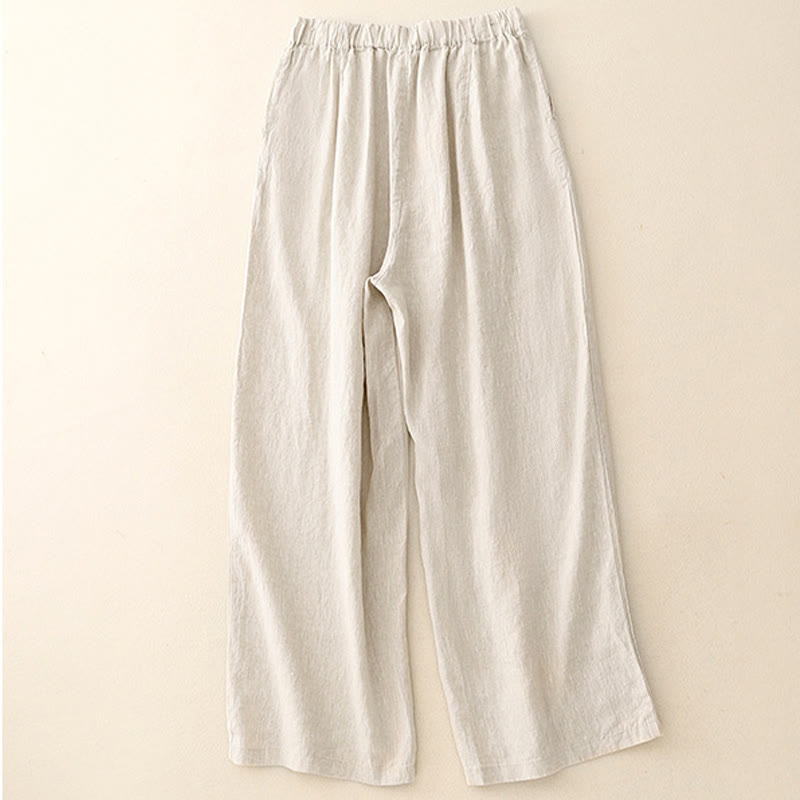 Pantalon large en coton et lin uni avec poches pour femme Buddha Stones