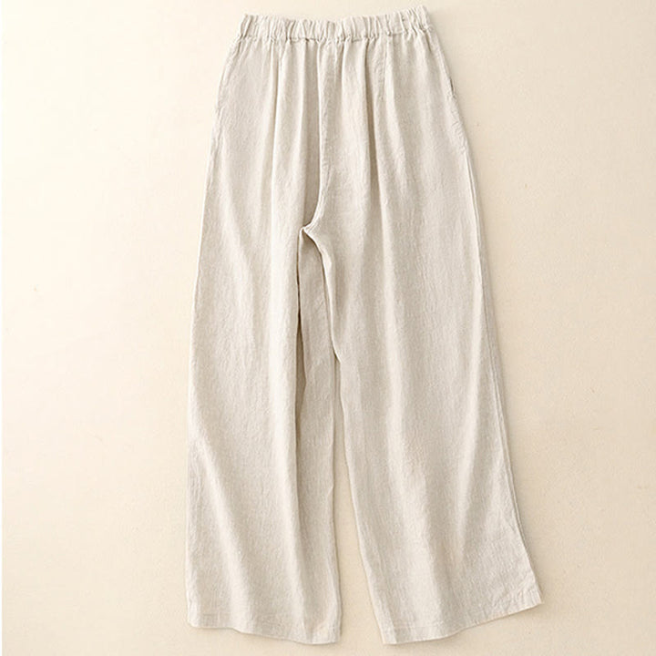 Pantalon large en coton et lin uni avec poches pour femme Buddha Stones