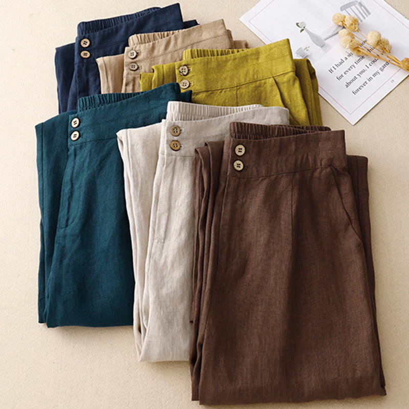 Pantalon large en lin pour femme, style décontracté et simple, avec poches zippées, motif Buddha Stones , été - image 67