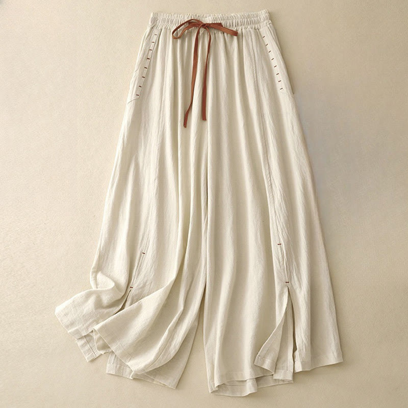 Pantalon large en coton et lin pour femme, Buddha Stones et simple, avec cordon de serrage et poches