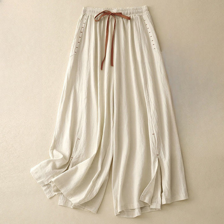 Pantalon large en coton et lin pour femme, Buddha Stones et simple, avec cordon de serrage et poches