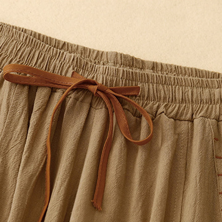 Pantalon large en coton et lin pour femme, Buddha Stones et simple, avec cordon de serrage et poches