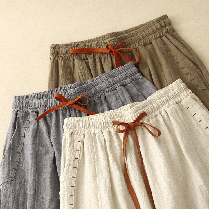 Pantalon large en coton et lin pour femme, Buddha Stones et simple, avec cordon de serrage et poches