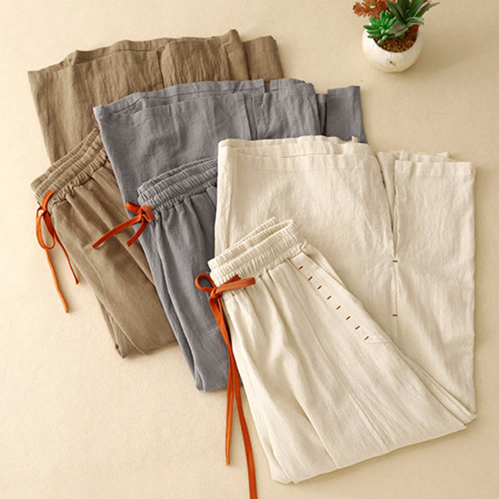 Pantalon large en coton et lin pour femme, Buddha Stones et simple, avec cordon de serrage et poches