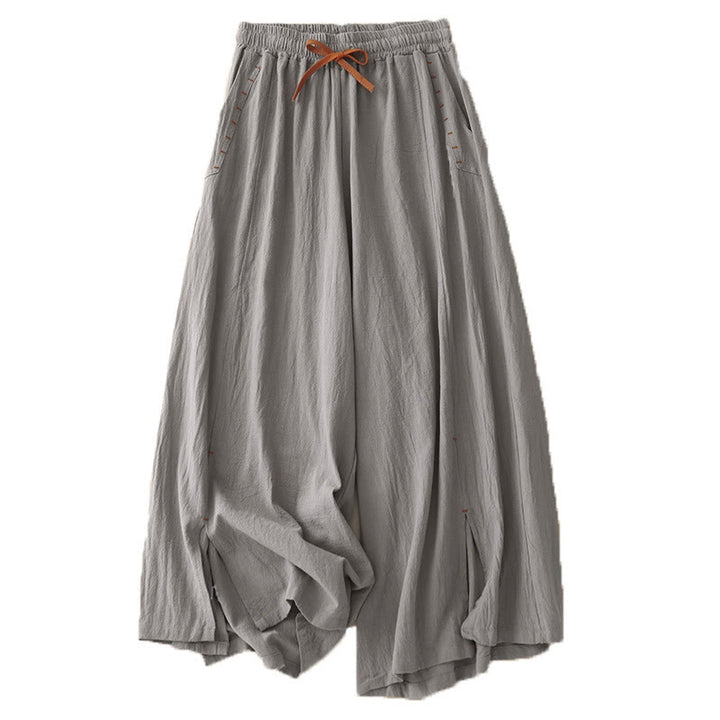 Pantalon large en coton et lin pour femme, Buddha Stones et simple, avec cordon de serrage et poches