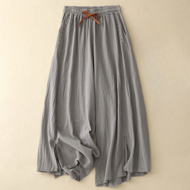 Pantalon large en coton et lin pour femme, Buddha Stones et simple, avec cordon de serrage et poches