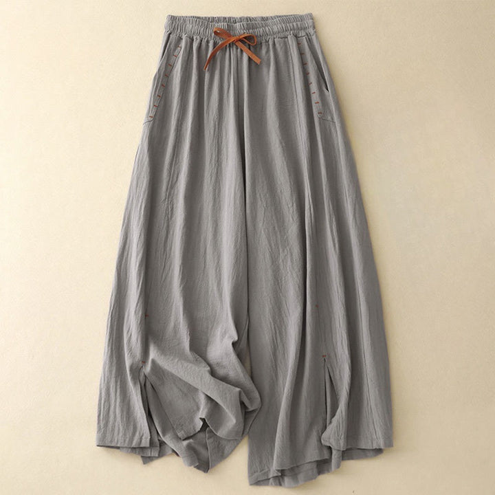 Pantalon large en coton et lin pour femme, Buddha Stones et simple, avec cordon de serrage et poches