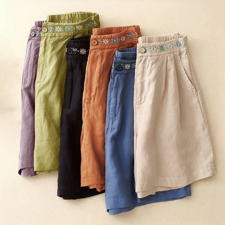 Short d'été décontracté pour femme en polyester avec broderie florale, plissé, fermeture éclair et boutons, orné de Buddha Stones et doté de poches. - image 29