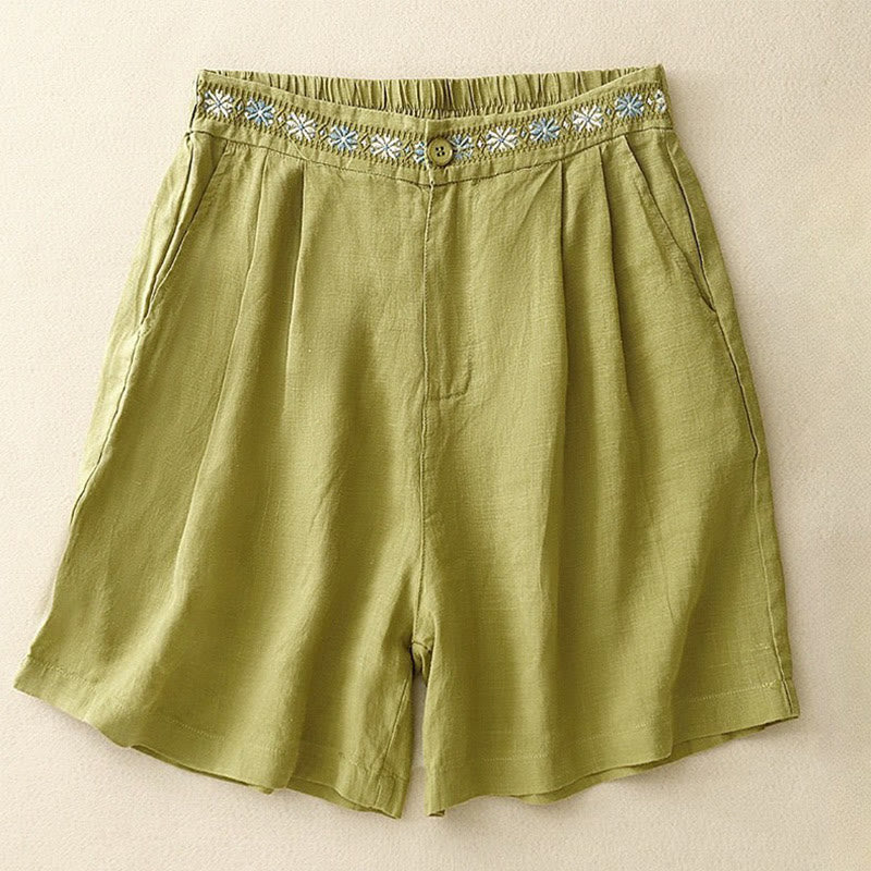 Short d'été décontracté en coton et lin avec broderie florale et boutons, style Buddha Stones, avec poches - JauneVert - US8-10，UK/AU12-14，EU40-42 (2XL) - image 4