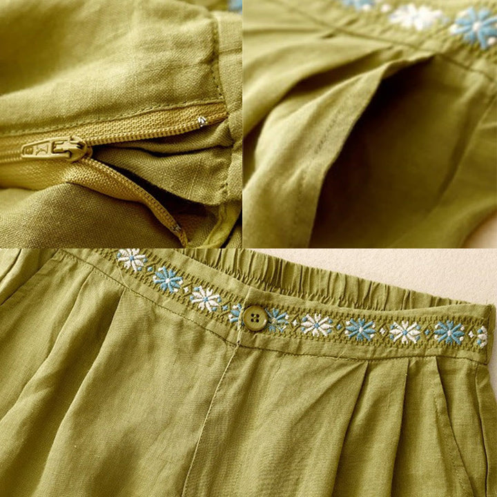 Short d'été décontracté en coton et lin avec broderie florale et boutons, style Buddha Stones, avec poches