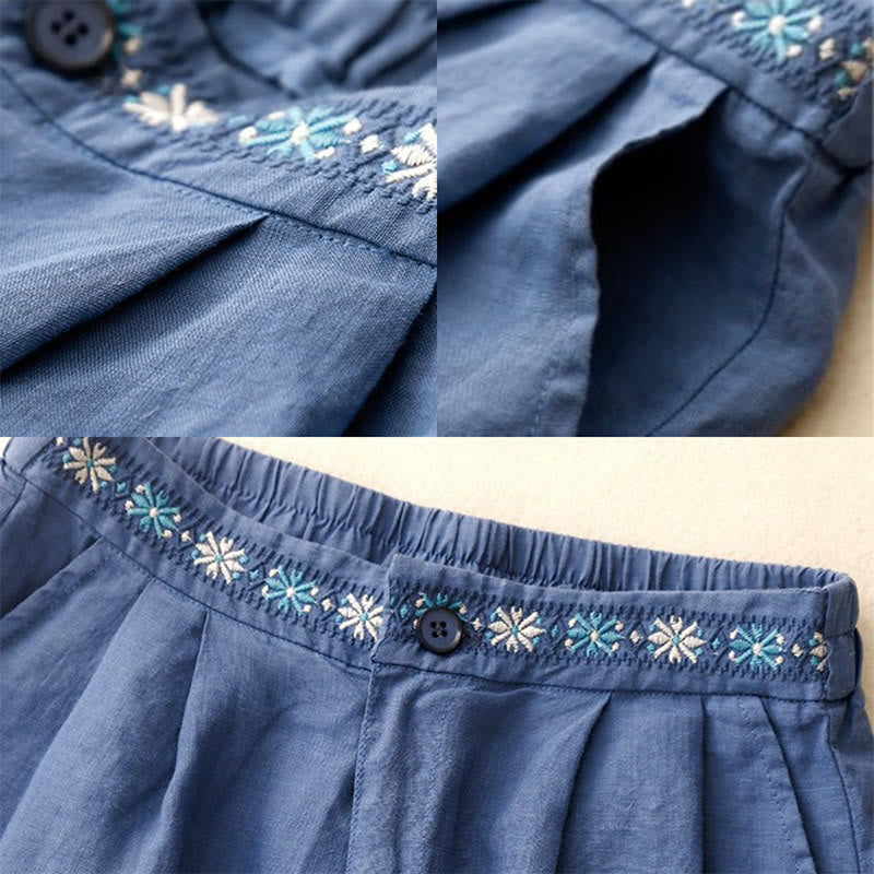 Short d'été décontracté en coton et lin avec broderie florale et boutons, style Buddha Stones, avec poches