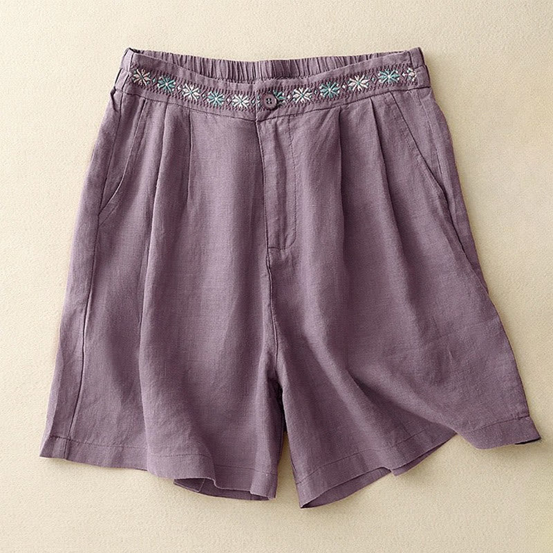 Short d'été décontracté en coton et lin avec broderie florale et boutons, style Buddha Stones, avec poches