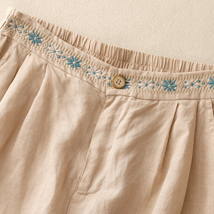 Short d'été décontracté en coton et lin avec broderie florale et boutons, style Buddha Stones, avec poches