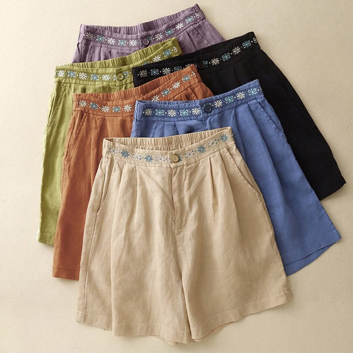 Short d'été décontracté en coton et lin avec broderie florale et boutons, style Buddha Stones, avec poches