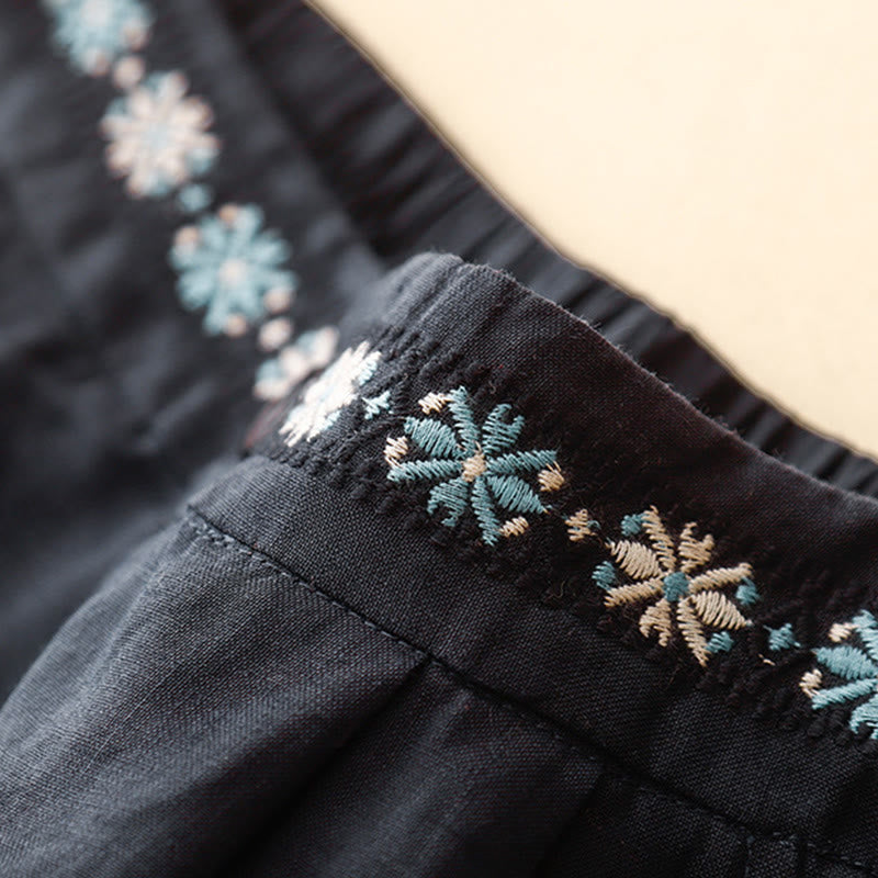 Short d'été décontracté en coton et lin avec broderie florale et boutons, style Buddha Stones, avec poches