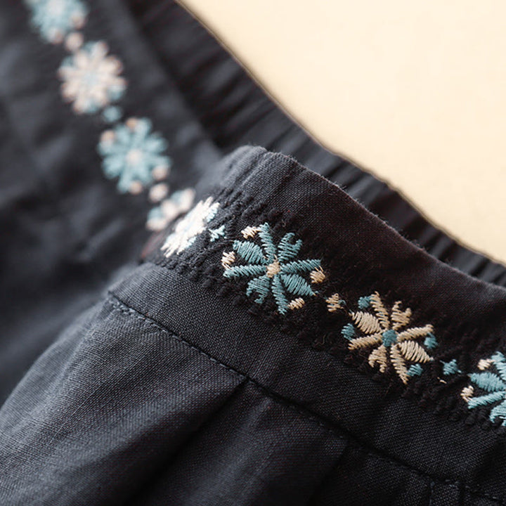 Short d'été décontracté en coton et lin avec broderie florale et boutons, style Buddha Stones, avec poches