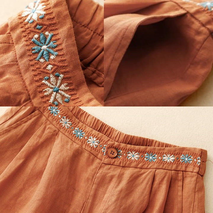 Short d'été décontracté en coton et lin avec broderie florale et boutons, style Buddha Stones, avec poches