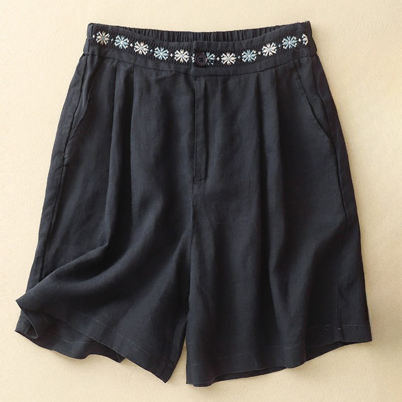 Short d'été décontracté en coton et lin avec broderie florale et boutons, style Buddha Stones, avec poches