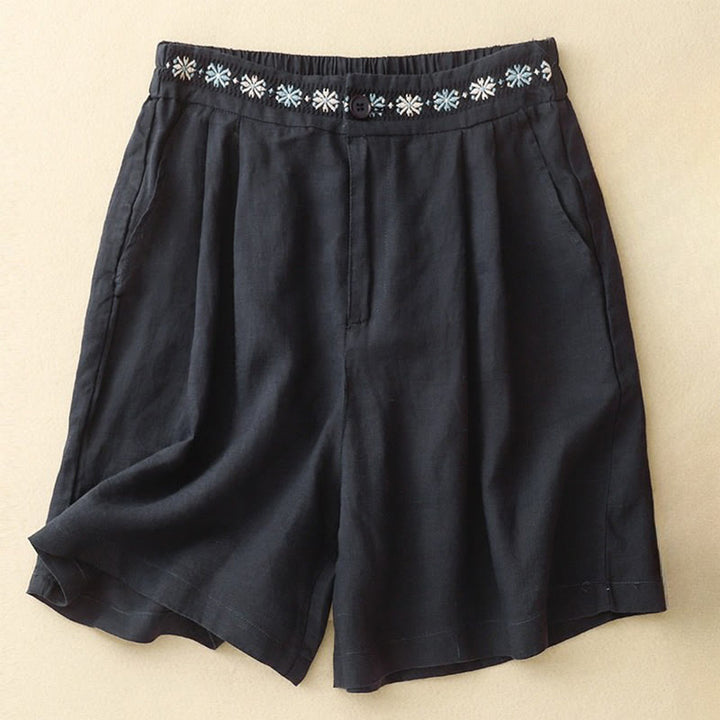 Short d'été décontracté en coton et lin avec broderie florale et boutons, style Buddha Stones, avec poches