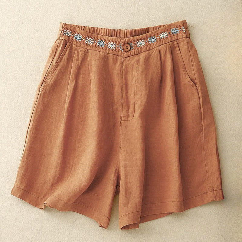 Short d'été décontracté en coton et lin avec broderie florale et boutons, style Buddha Stones, avec poches