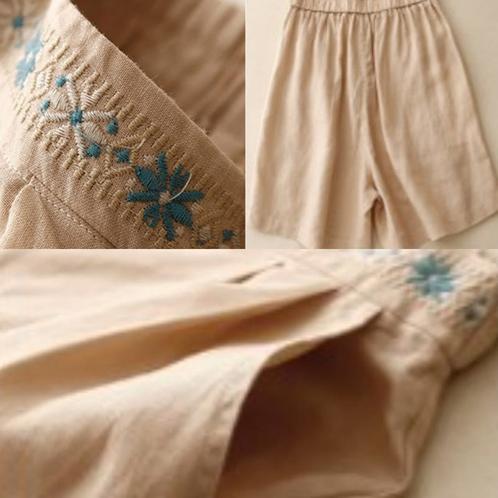 Short d'été décontracté en coton et lin avec broderie florale et boutons, style Buddha Stones, avec poches