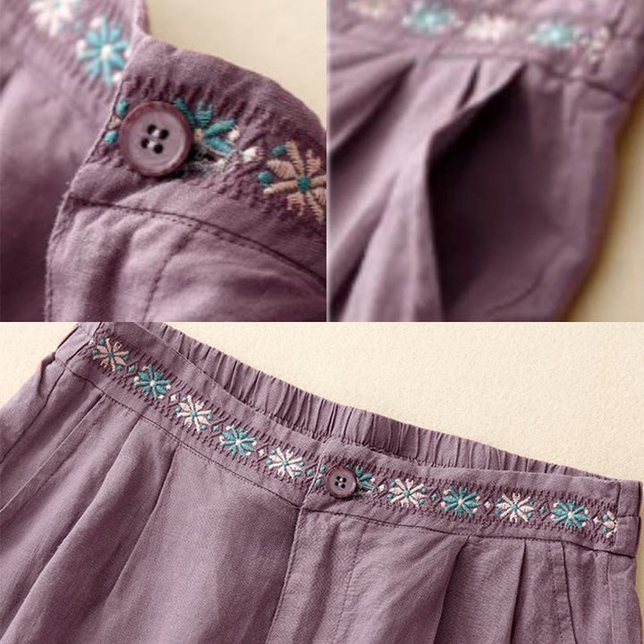 Short d'été décontracté en coton et lin avec broderie florale et boutons, style Buddha Stones, avec poches