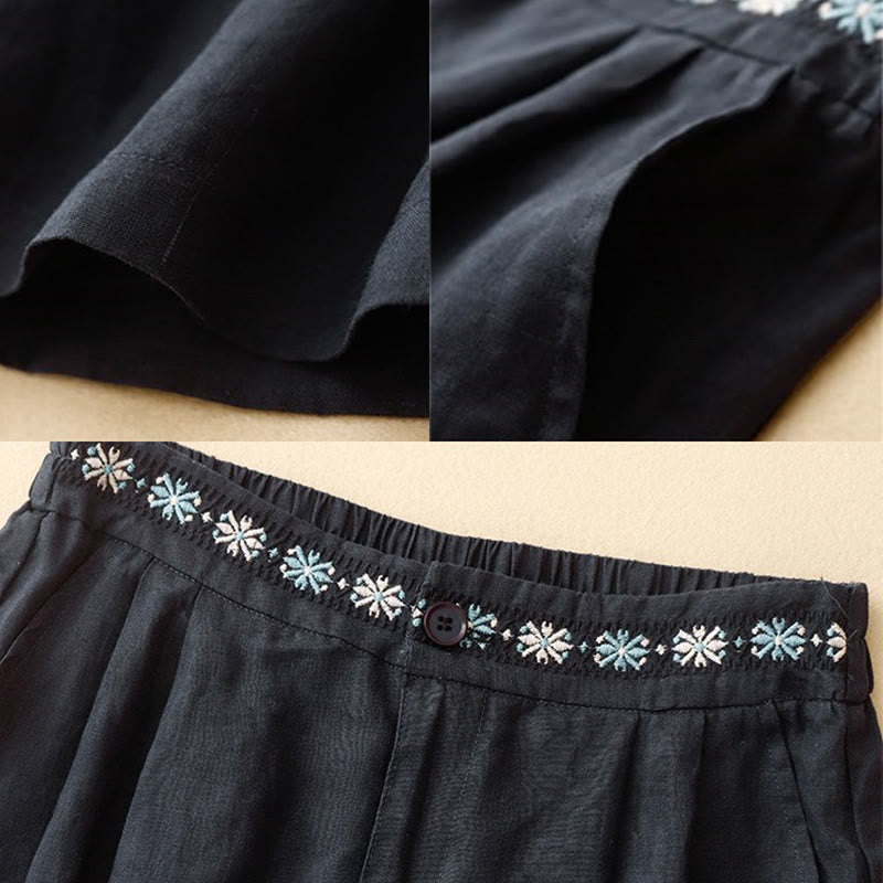 Short d'été décontracté en coton et lin avec broderie florale et boutons, style Buddha Stones, avec poches
