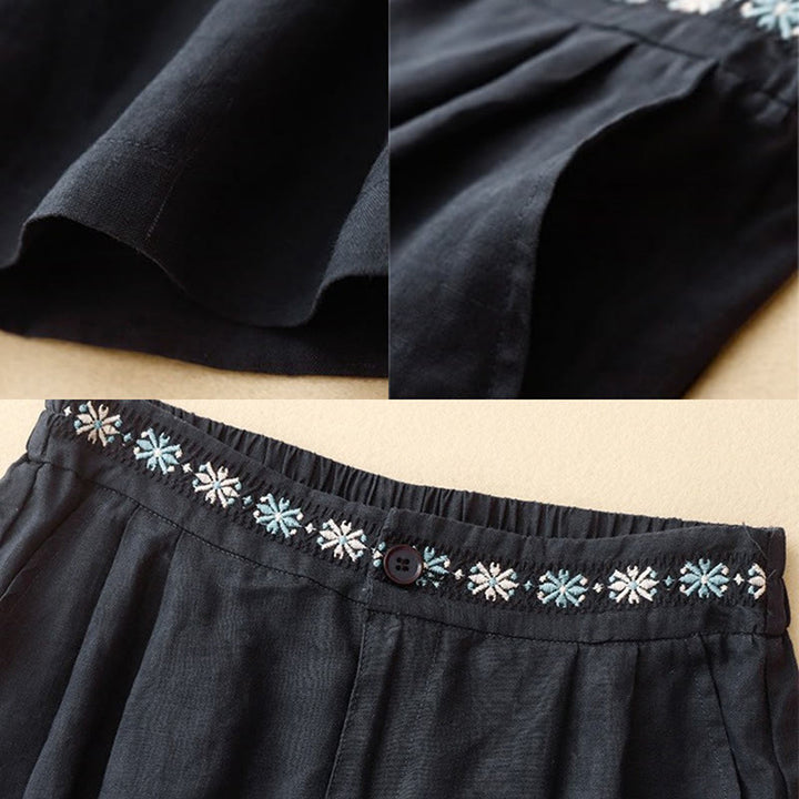 Short d'été décontracté en coton et lin avec broderie florale et boutons, style Buddha Stones, avec poches