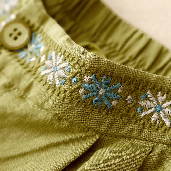 Short d'été décontracté en coton et lin avec broderie florale et boutons, style Buddha Stones, avec poches