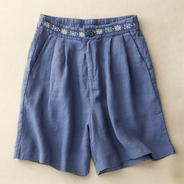 Short d'été décontracté en coton et lin avec broderie florale et boutons, style Buddha Stones, avec poches