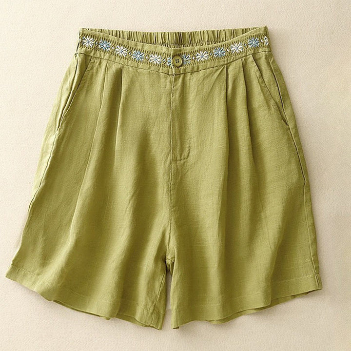 Short d'été décontracté en coton et lin avec broderie florale et boutons, style Buddha Stones, avec poches