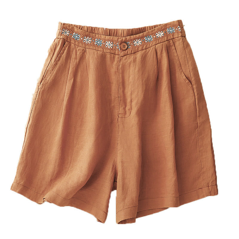 Short d'été décontracté en coton et lin avec broderie florale et boutons, style Buddha Stones, avec poches