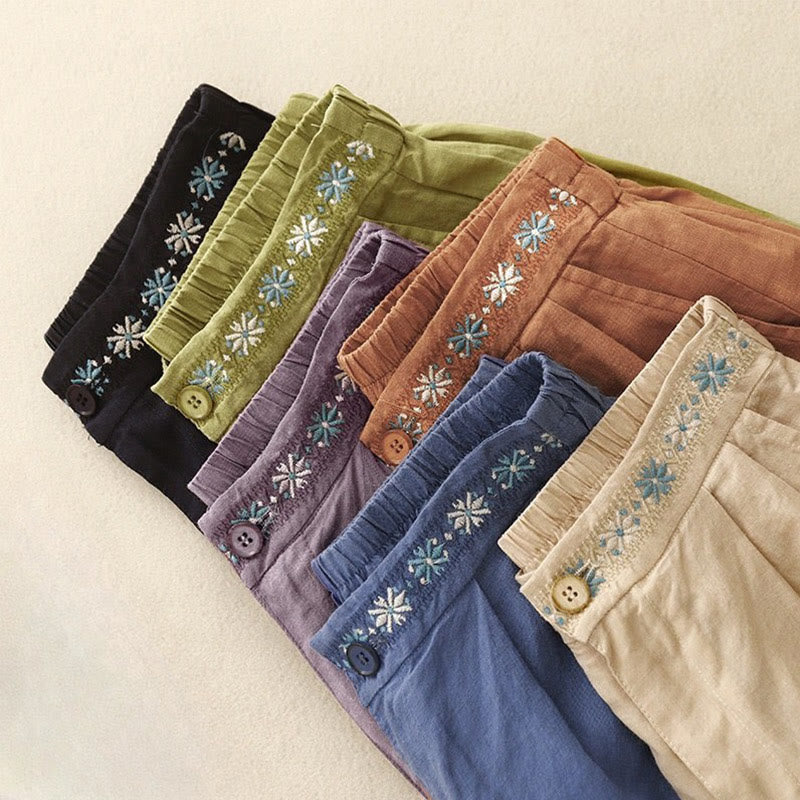 Short d'été décontracté en coton et lin avec broderie florale et boutons, style Buddha Stones, avec poches