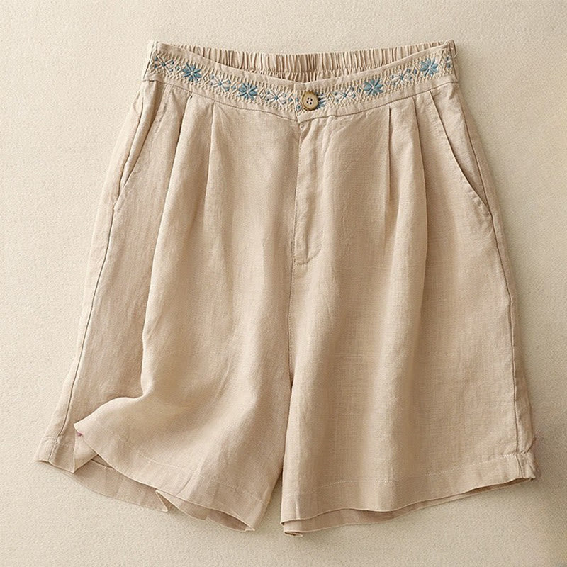 Short d'été décontracté en coton et lin avec broderie florale et boutons, style Buddha Stones, avec poches