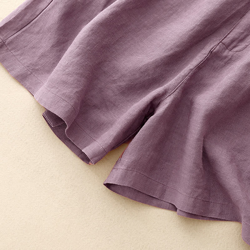 Short d'été décontracté en coton et lin avec broderie florale et boutons, style Buddha Stones, avec poches