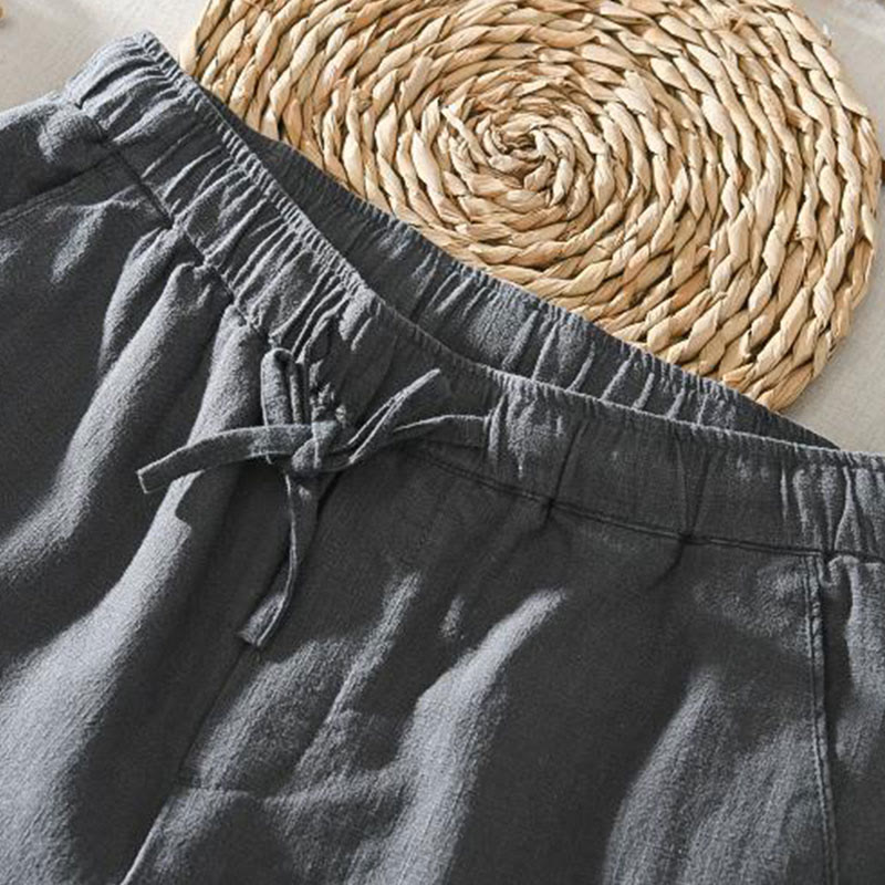 Pantalon décontracté d'été en lin ramie avec cordon de serrage et poches pour homme Buddha Stones - image 1