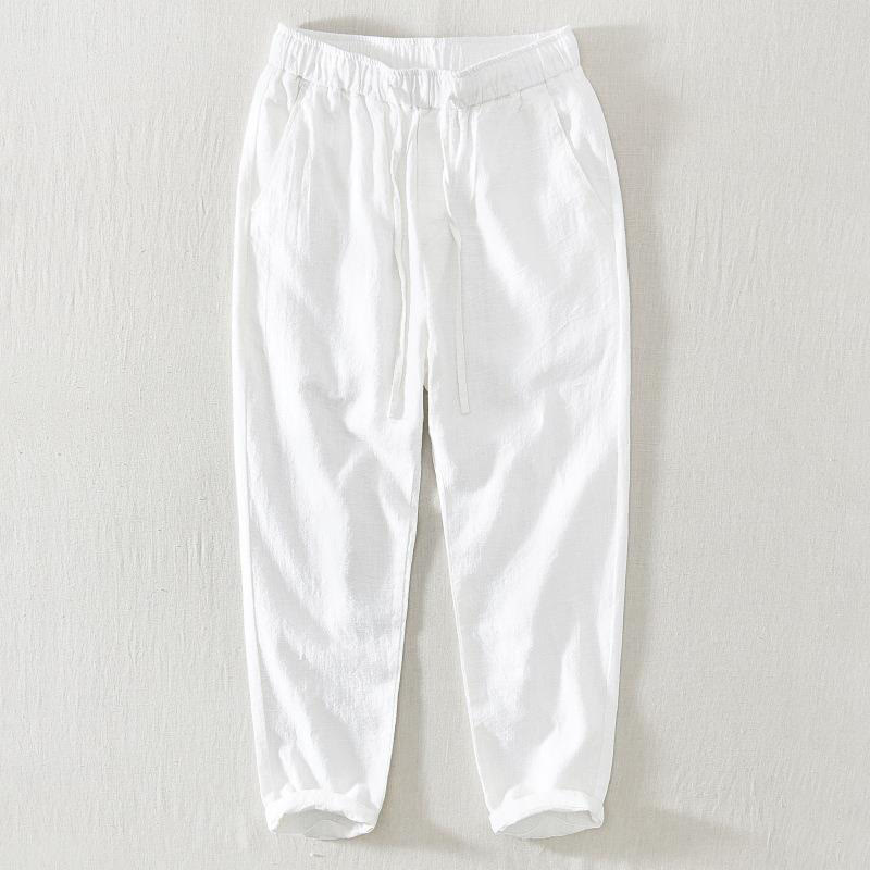 Pantalon décontracté d'été en lin ramie avec cordon de serrage et poches pour homme Buddha Stones - Blanc - US/UK/AU44，EU54 (4XL) - image 3
